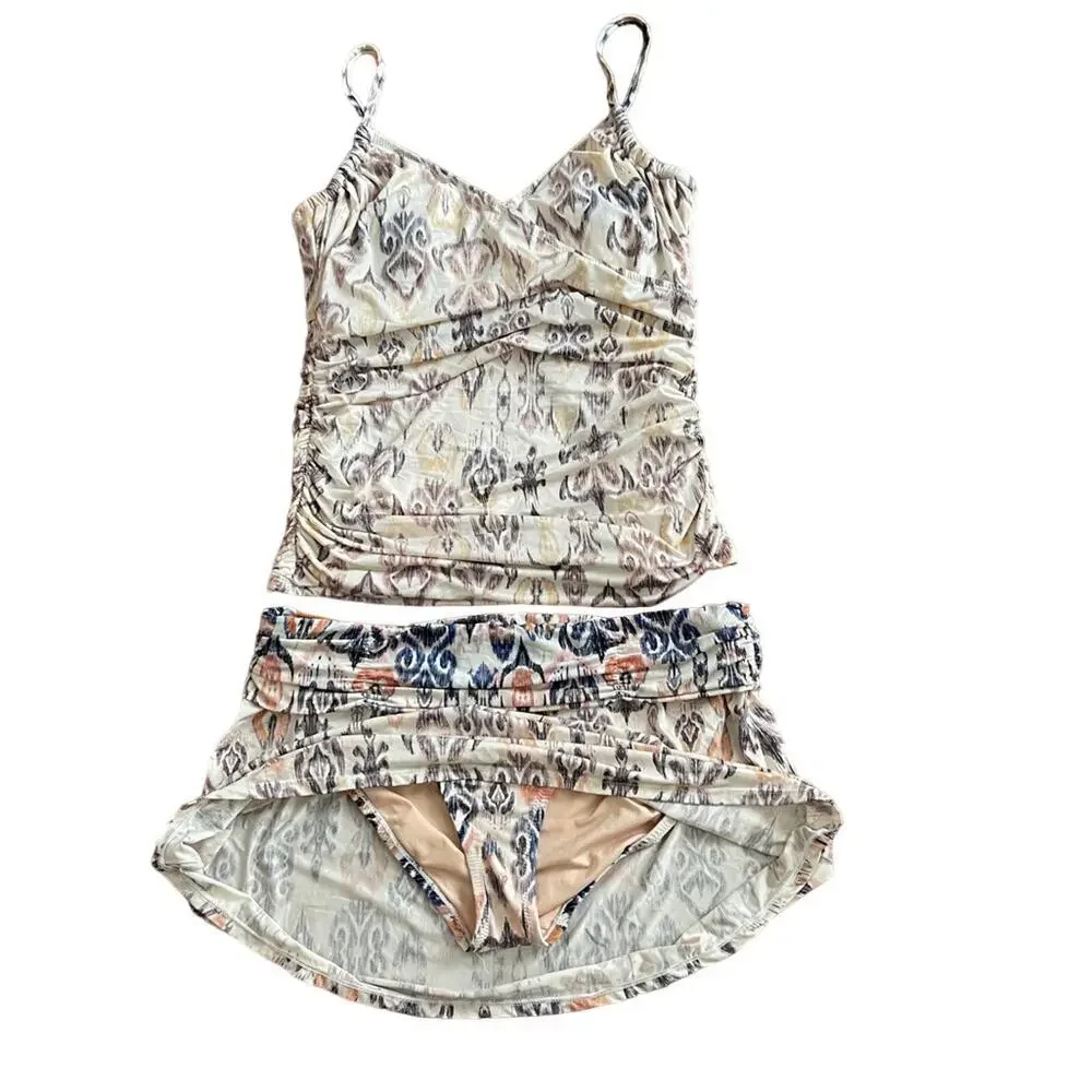 Garnet Hill Multicolor Ikat Print Ruched Takini Top Swim Skort Set Size 8/10
